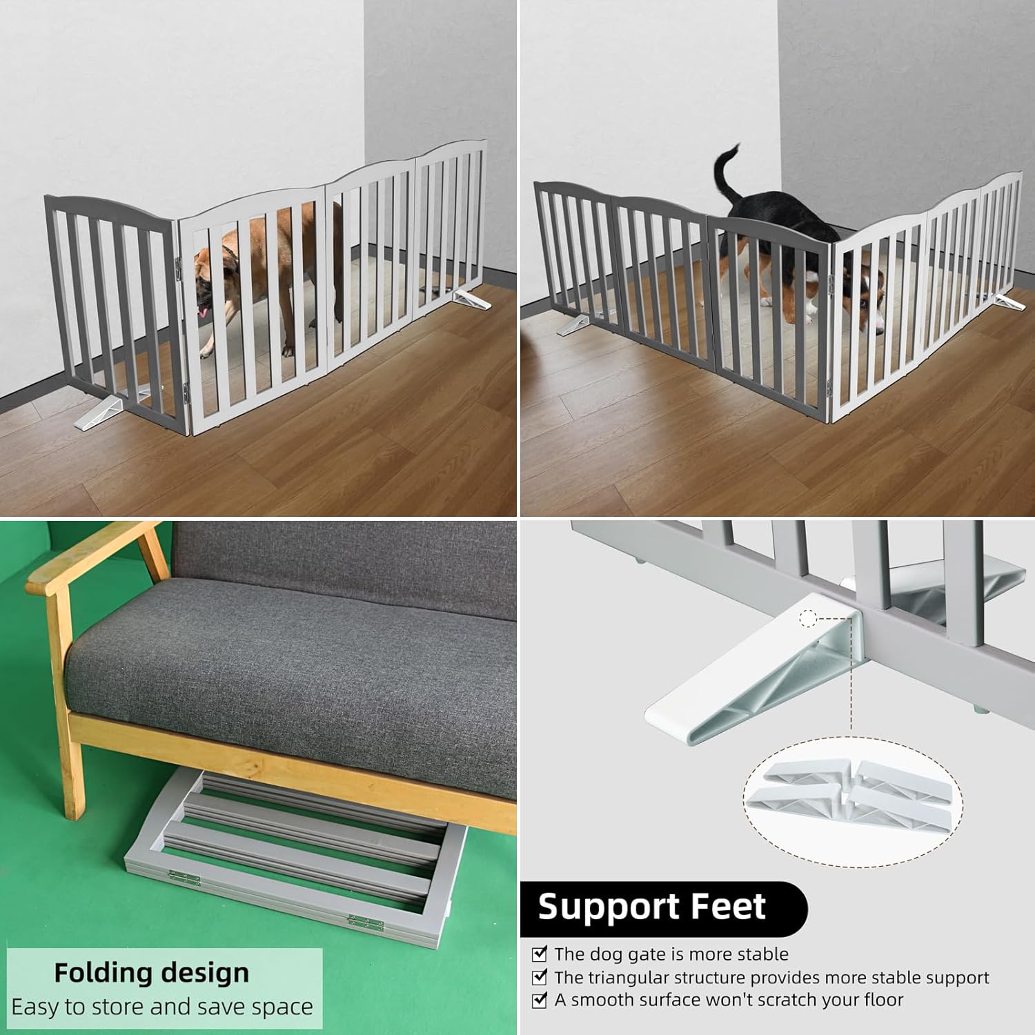 ZJSF Foldable Freestanding Indoor Dog Gate for House Wood Long Pet Gates Dog Fence for Stairs Puppy Gates for Hallways, Puppy Gate,Support Feet Included, Grey, 32 "Height-4 Panels