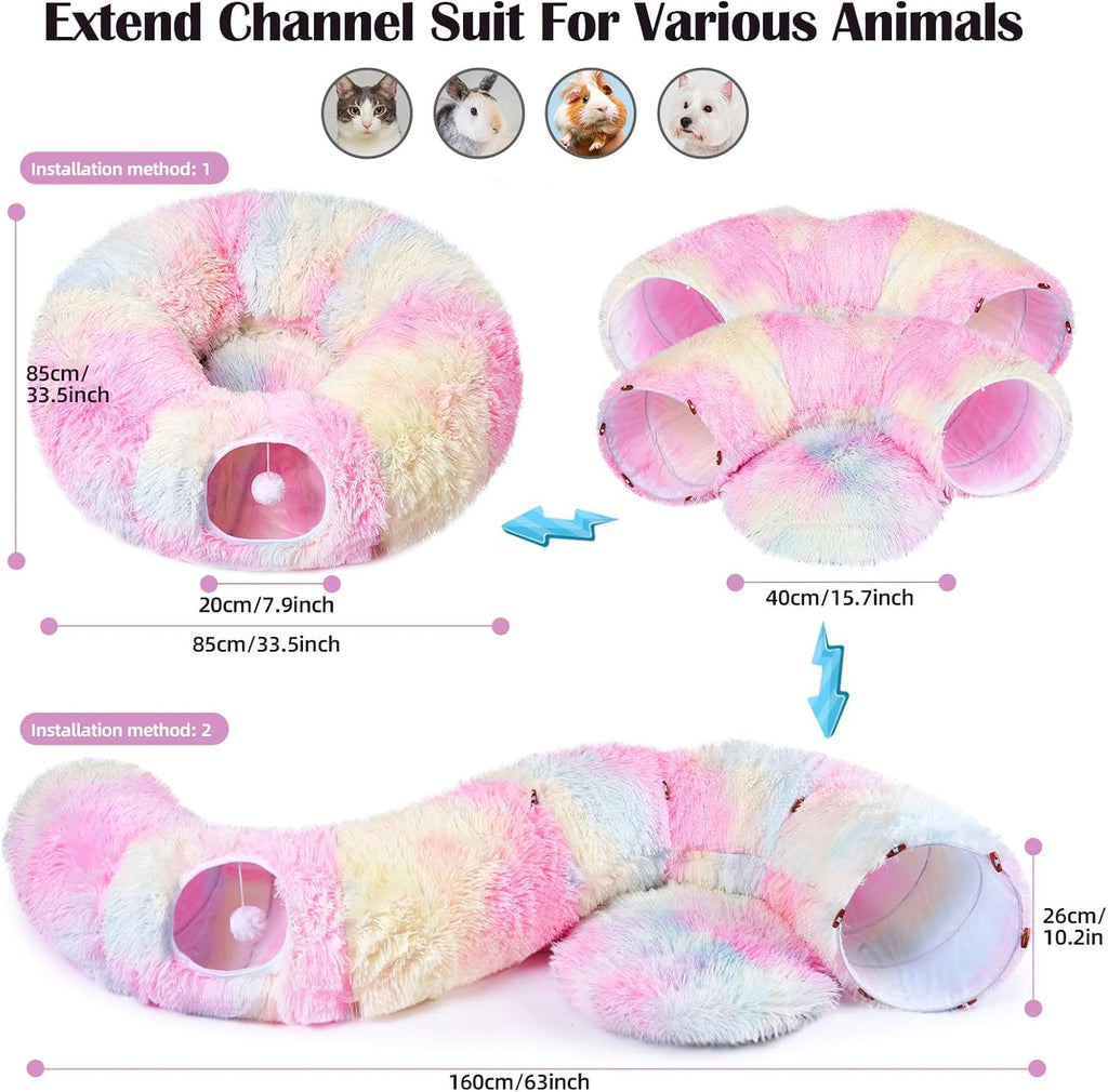 Odoland Cat Tunnels Bed with 20 Cat Toys for Indoor Cats, Plush Cat Couch Tunnel Bed for Kitten, Cat Cave Donut Tunnel - Detachable Soft Cat Bed and Variety Kitty Toy Set, Pink