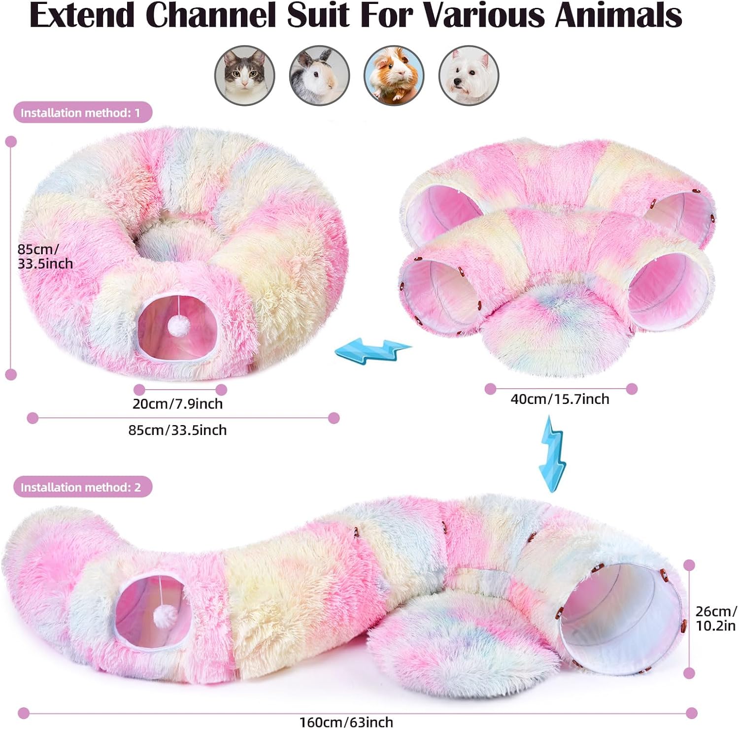 Odoland Cat Tunnels Bed with 20 Cat Toys for Indoor Cats, Plush Cat Couch Tunnel Bed for Kitten, Cat Cave Donut Tunnel - Detachable Soft Cat Bed and Variety Kitty Toy Set, Pink
