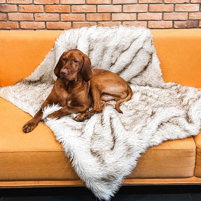 Waterproof Dog Blanket for Small, Medium & Large Dogs – Faux Fur Pet Throw for Couch, Sofa, Bed & Car – Soft, Washable, Stain-Resistant, Durable Cover – White w/Brown Tips – 60" x 50"