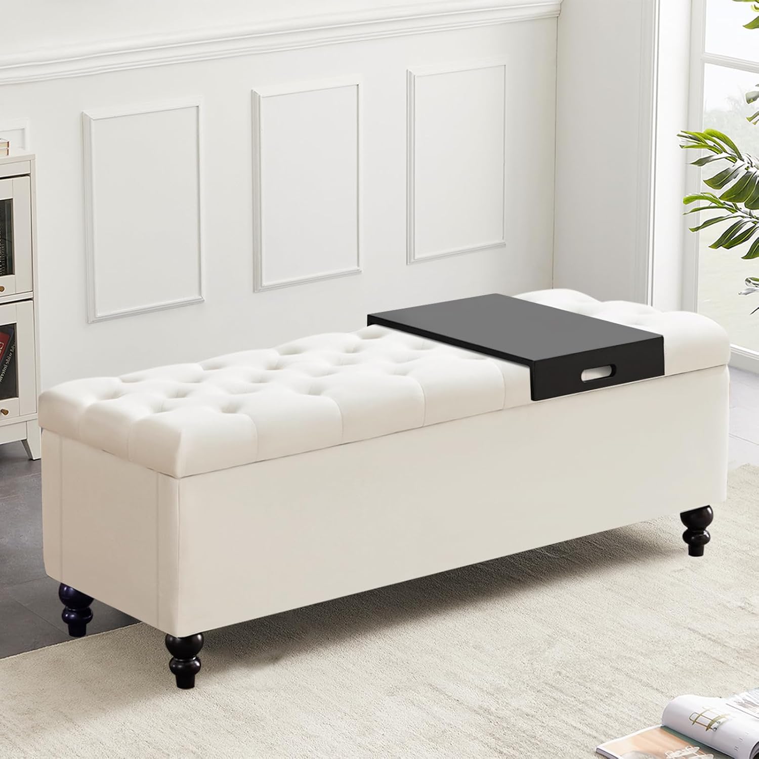 Ottoman with Storage,50.2-inch Upholstered End of Bed Storage Bench for Bedroom,for The Living Room,for Entryway, with Tray & Button and Safety Hinges,Detachable (White)