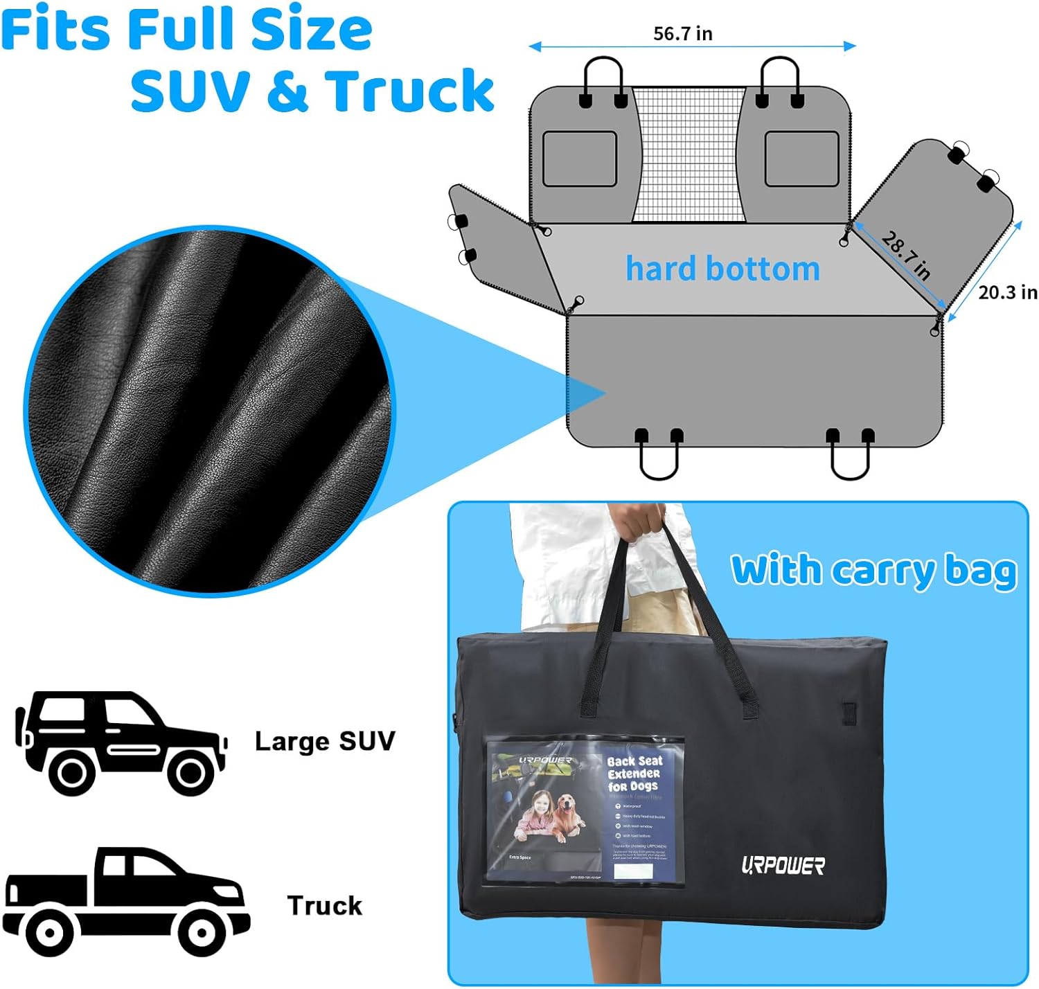 URPOWER PU Leather Back Seat Extender for Dogs – Hard Bottom Dog Car Seat Cover Holds 400 lbs, Anti-Scratch & Waterproof Dog Hammock for Full Size SUVs & Trucks, Dogs Car Bed Pet Backseat Protector