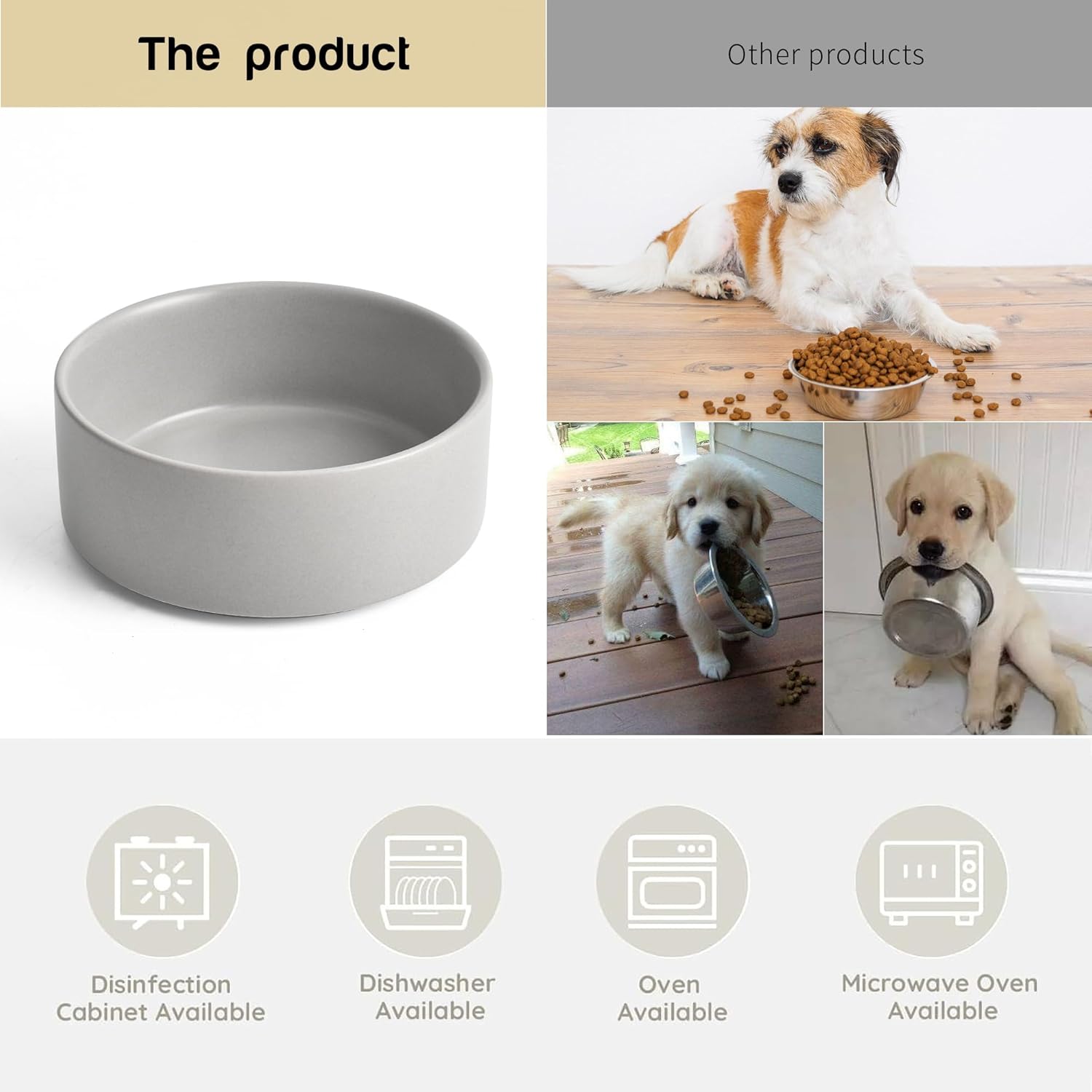 Grey Ceramic Dog & Cat Bowl Set – 13.5 OZ with Wooden Stand, Non-Slip, Elevated Design for Small Dogs & Cats – 2 Bowls (Food & Water, Ceramic Pet Bowls, Modern Dog Bowls)