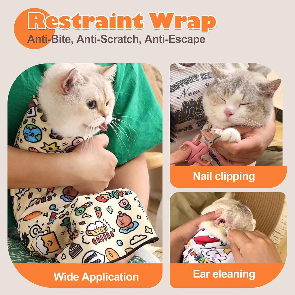 Cat Grooming Wrap, Cat Wrap Self-Adherent, Anti-Scratch Anti-Bite, Anti-Escape Grooming Bag for Cats Nail Clipping, Ear Cleaning, and Teeth Brushing (19.7 × 19.7" Cat Prints)