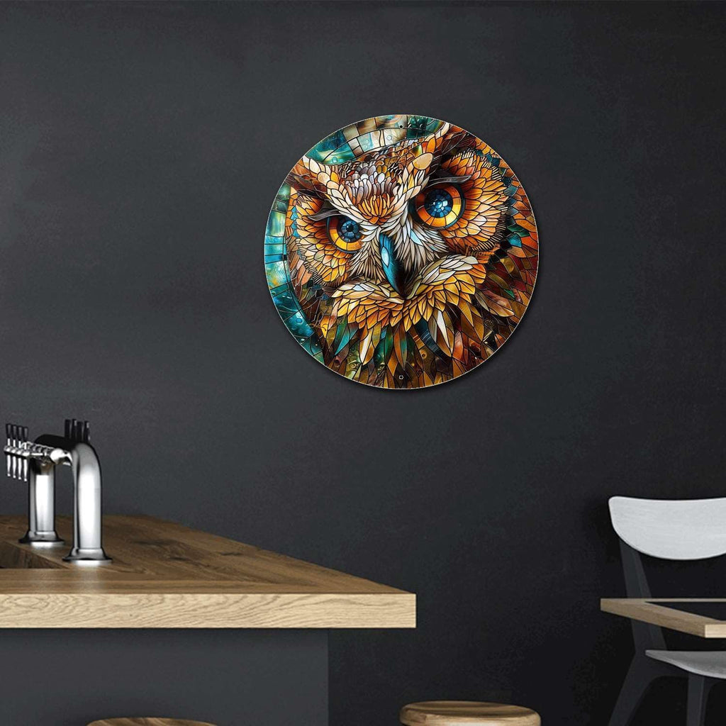 Lygond Metal Sign Tin Sign Circular Stained Glass Owl Metal Garden Sign for Club 12×12 Inches