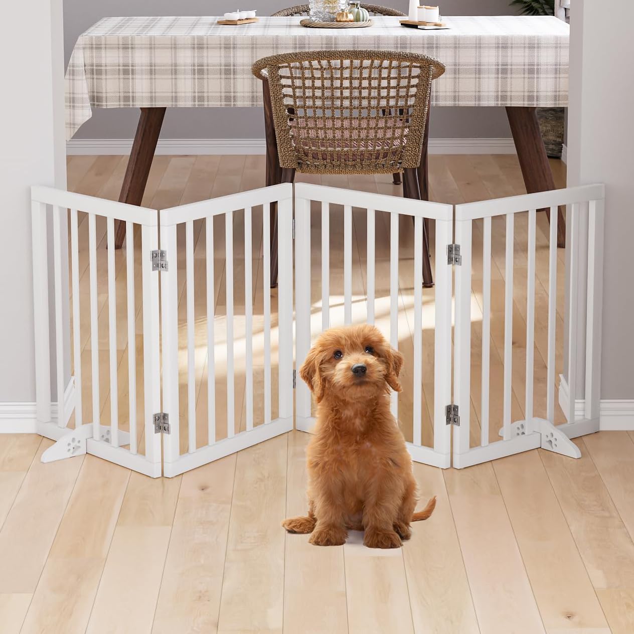 Wooden Dog Gate Freestanding Foldable Pet Gate 4 Panel Fully Assembled Dog Gates for Doorways House Stairs