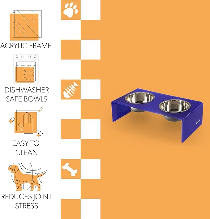 The LICKER Store DBL2000F Keaton 5" Small/Medium Modern Acrylic Rectangular Elevated Pet Feeder with 20oz 2-Stainless Steel Bowls, Purple/Chrome