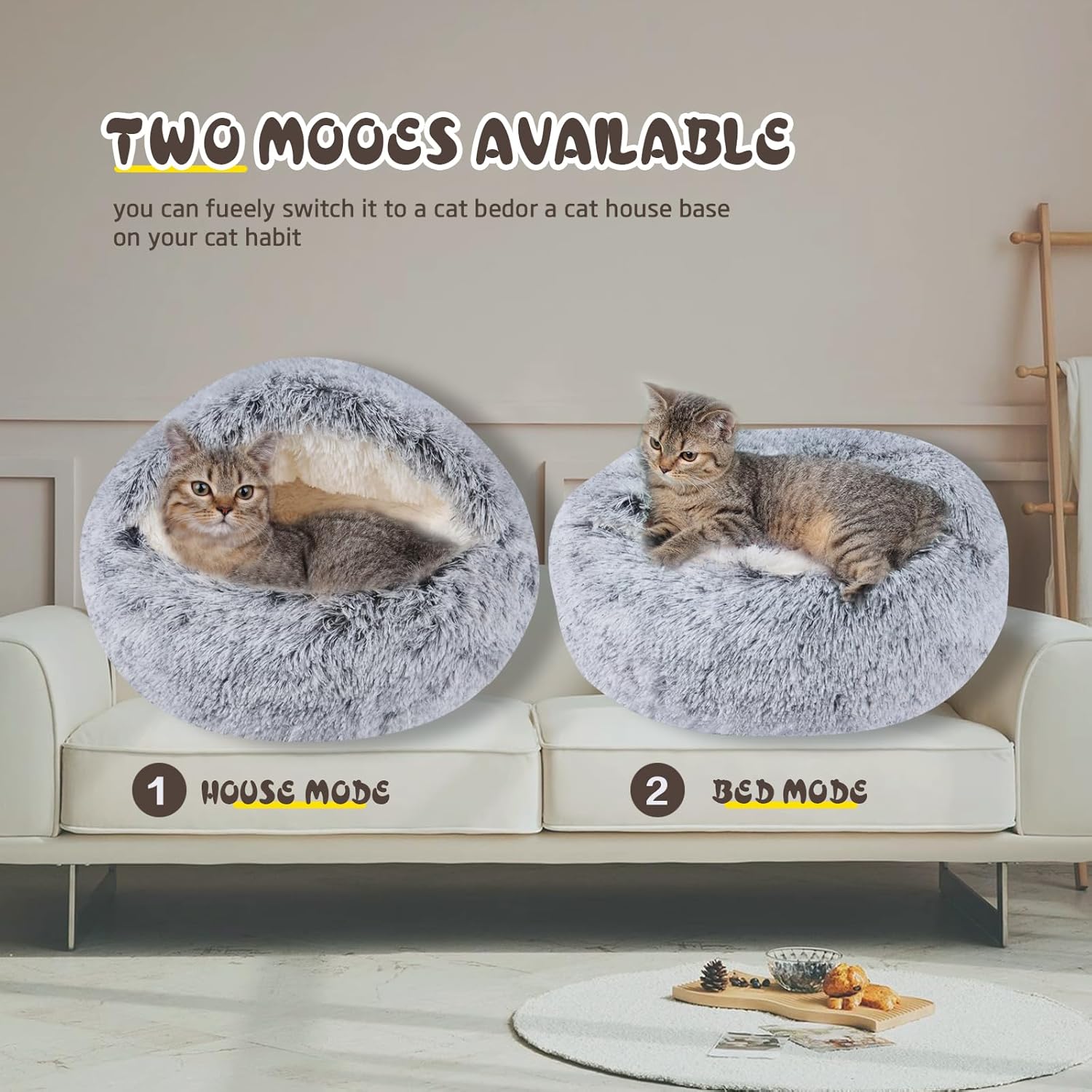 Cat Bed for Indoor Cats, Calming Cozy Cave with Self-Warming Plush, Entire Bed Machine Washable & Anti-Slip Base, Breathable Pet Bed for Small Cats&Dogs All Seasons (Grey, 20 * 20inch)