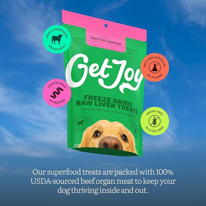 Get Joy Freeze Dried 100% Beef Liver Dog Treats, 4oz | Single Ingredient Organ Meat, High Protein Raw Dog Food Topper, Snack & Training Rewards | Grain Free, Gluten Free, Filler Free