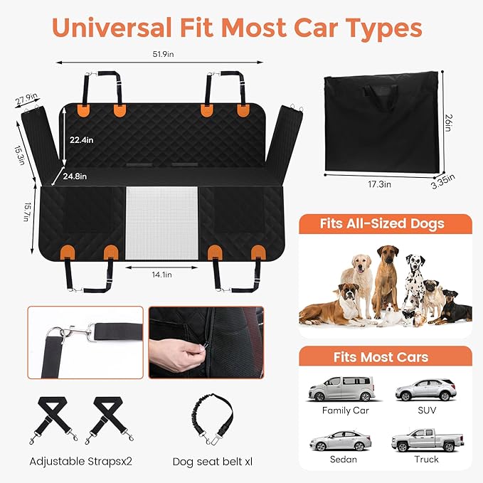 Back Seat Extender for Dogs - Hard Bottom,Waterproof Dog Car Seat Cover for Back Seat Holds 450 lbs - Detachable, Scratch-Proof and Anti-Slip Dog Hammock for Cars, SUVs and Trucks, Bk+ORG