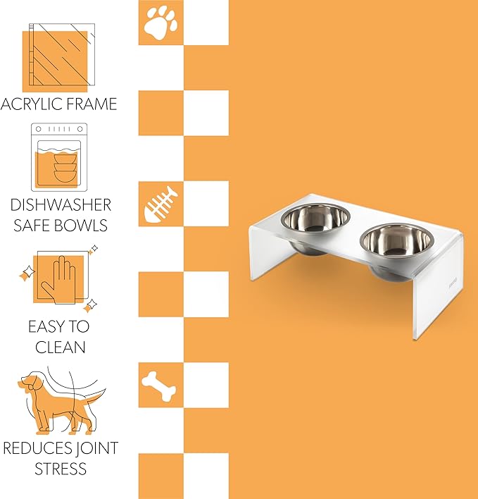 The LICKER Store DBL2000K Keaton 5" Small/Medium Modern Acrylic Rectangular Elevated Pet Feeder with 20oz 2-Stainless Steel Bowls, Moon White/Chrome