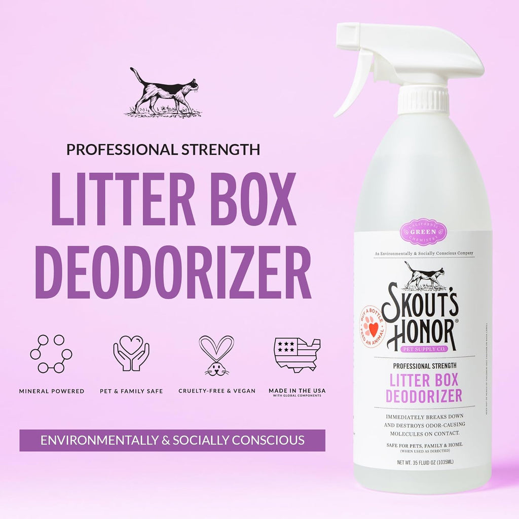 SKOUT'S HONOR Cat Litter Box Deodorizer Spray - Professional Strength, Instantly Breaks Down and Destroys Offensive Odors, Effectively Neutralizes Feline Pheromones, Eco-Friendly, Cruelty-Free, 35 oz