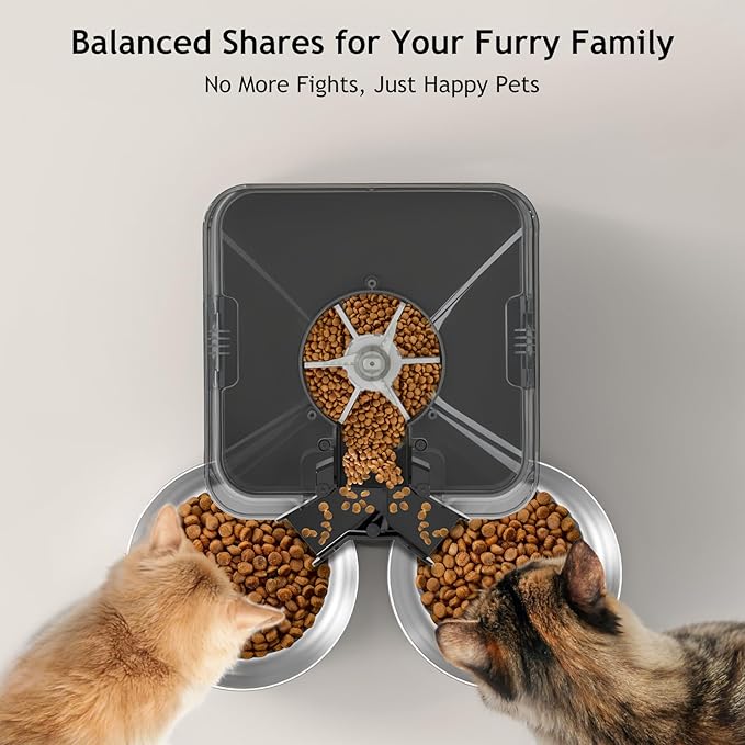 Voluas Automatic Cat Feeder for Two Cats, Double Pet Feeder with 2 Stainless Steel Bowls,6L Timed Cat Feeders with Memory Function