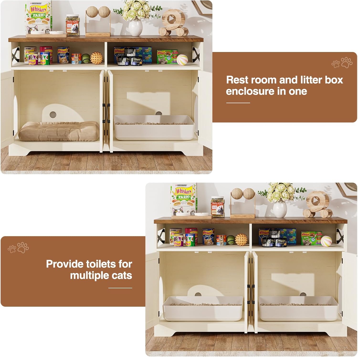 Cat Litter Box Enclosure for 2 Cats, 47" Hidden Litter Box Furniture Cat Washroom with Double Large Room, Farmhouse Indoor Litter Box Cabinet TV Stand, White