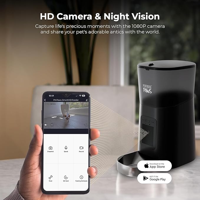 Smart HD Automatic Cat Feeder with 1080P Camera & Night Vision, 2-Way Audio, WiFi App Control, Anti-Jam 6L Cat Feeder with Backup Power, Easy to Clean, Up to 15 Meals for Cat & Dog, Black Stainless