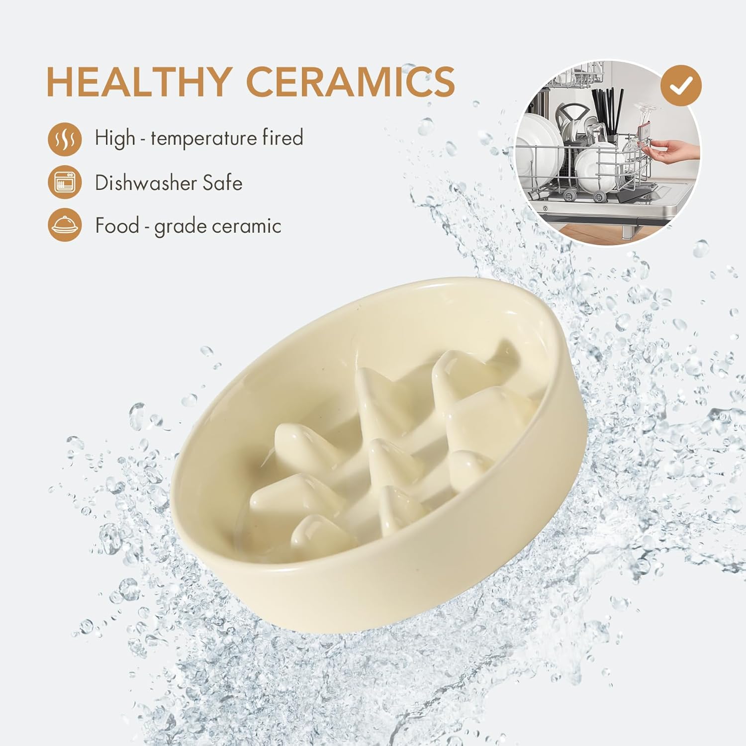 7.3inch Ceramic Dog Raised Slow Feeder Set, Elevated Bowl with Wooden Stand for Medium and Small Dog, Slow Feeder Dish for Fast Easters, Preventing Choking(Beige, Single Bowl+ Stand)