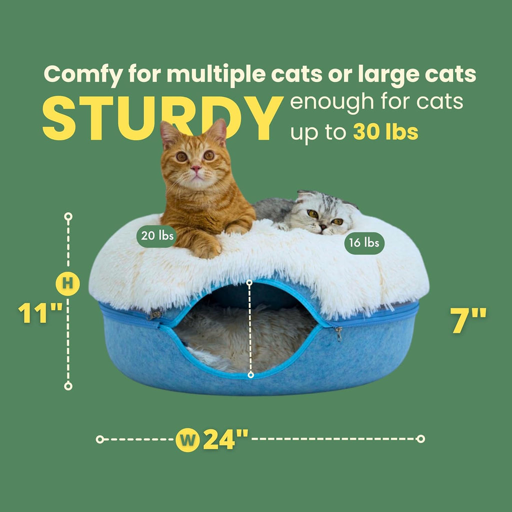 CATTASAURUS Peekaboo Cat Cave for Multiple & Large Cats Up to 30-45 Lbs, Fluffy Cat Beds for Indoor Cats, Scratch Detachable & Washable Tunnel Bed, Comfy Donut Cat Cave (Blue, Large (Calming))