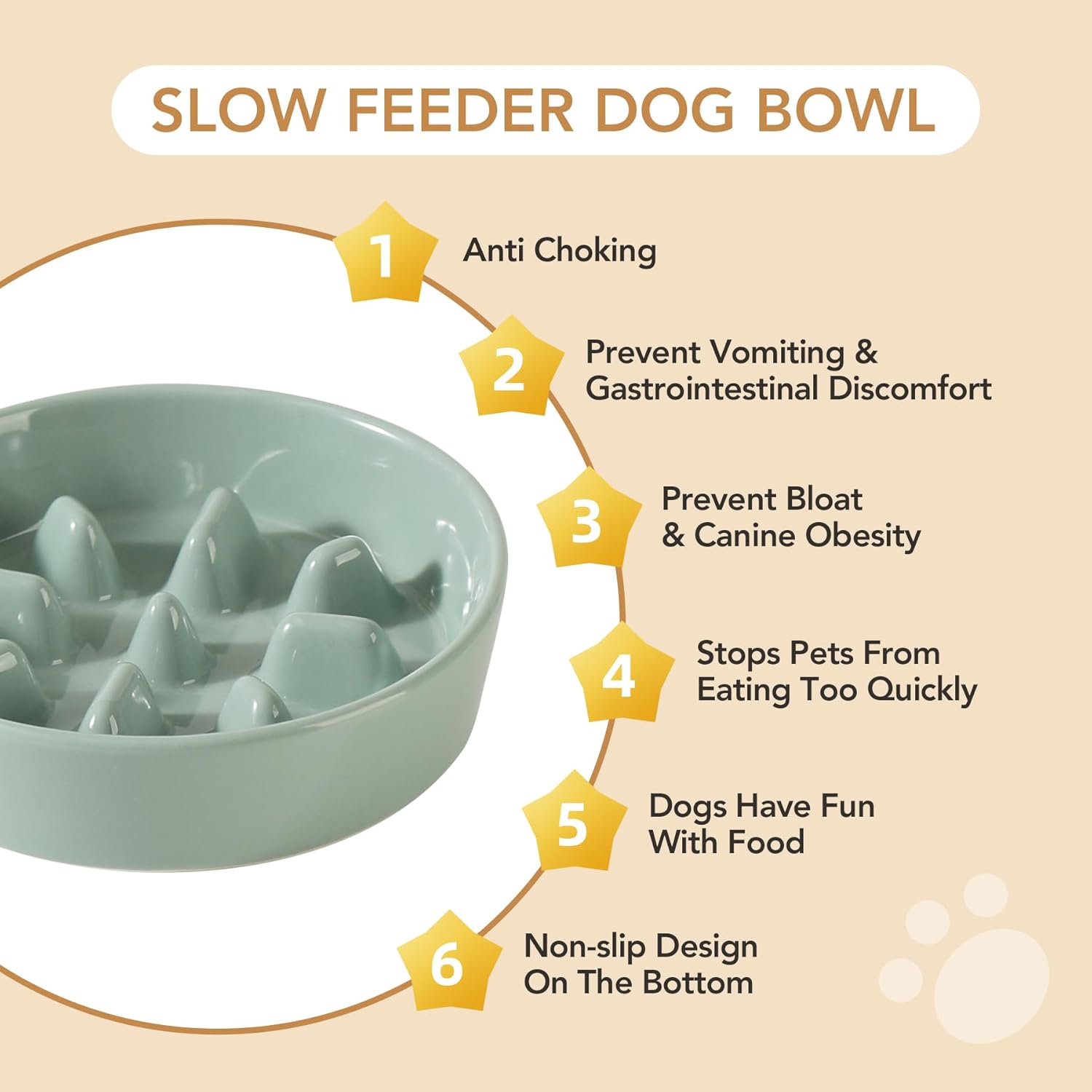 Ceramic Raised Slow Feeder Dog Bowl Set, Elevated 5.1inch Bowl and 6.1inch Slow Pet Food Dish with Wooden Stand for Small Dog and Cat (2 x Light Green+ Stand)