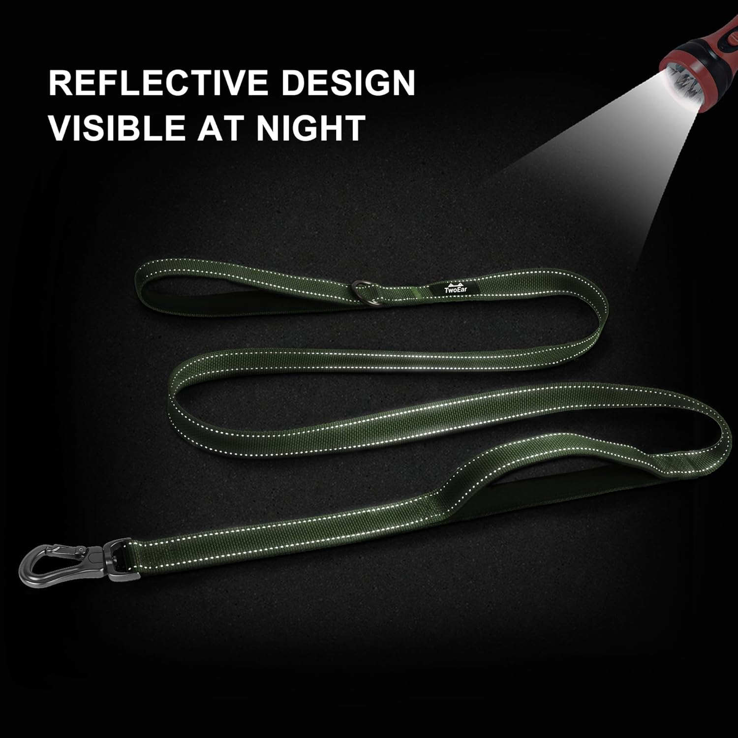 TwoEar 5FT 1IN Strong Green Dog Leash with 2 Padded Handles, Traffic Handle Extra Control, Comfortable Soft Dual Handle, Auto Lock Hook, Reflective Walking Lead for Small Medium and Large Dogs