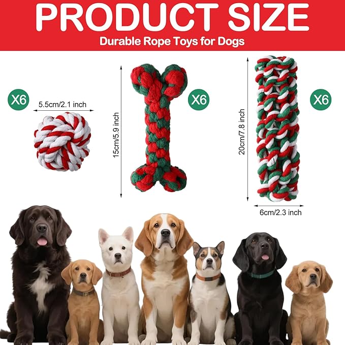 18 Pcs Christmas Dog Rope Toys Set Christmas Interactive Chew Balls Toys for Aggressive Chewers Large Medium Small Dogs Pet Puppy Teeth Cleaning Fun Training Birthday Gifts