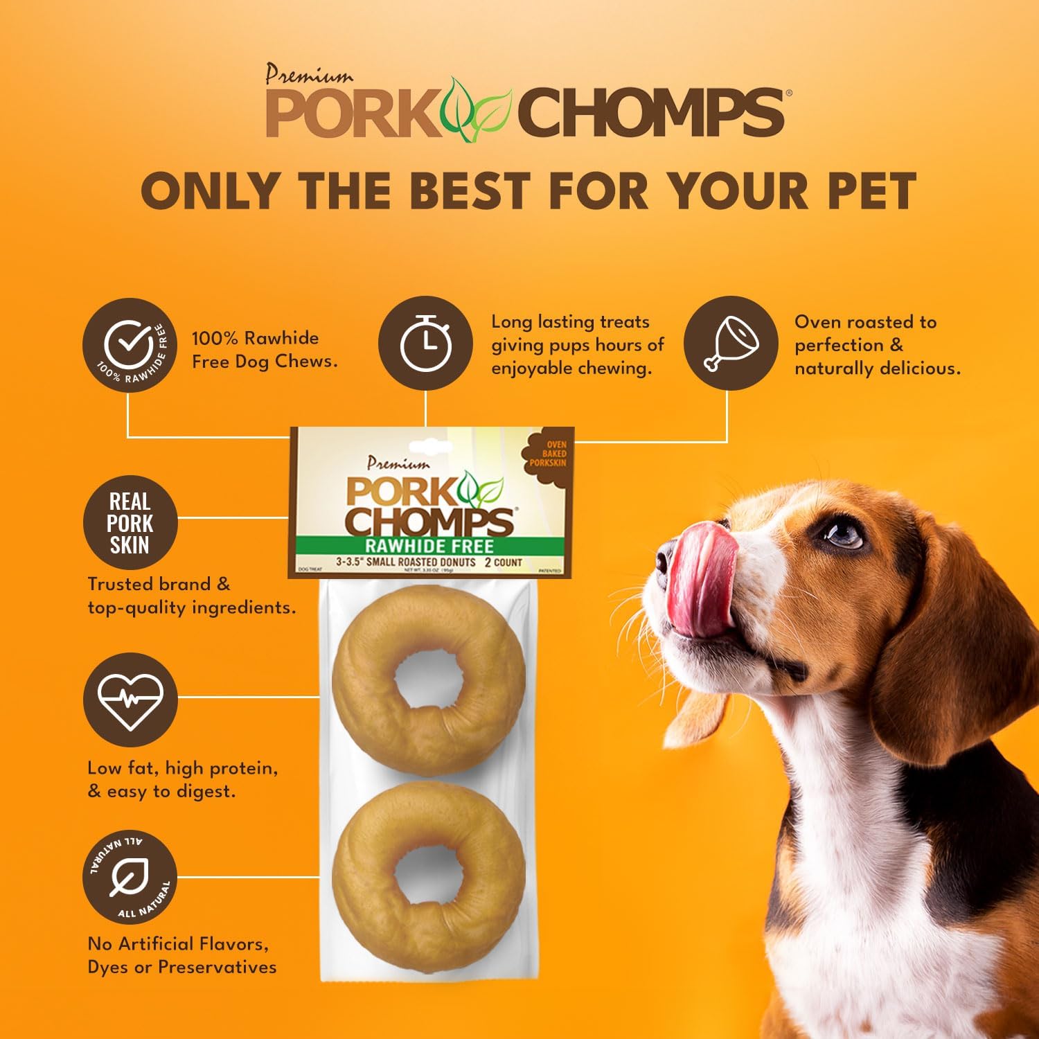 Pork Chomps Roasted Pork Skin Dog Chews, 3-inch Donuts, 2 Count (Pack of 2)