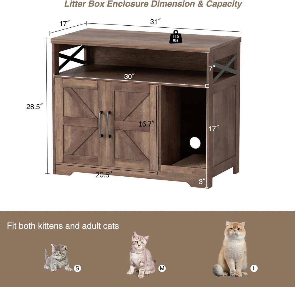 Cat Litter Box Enclosure, Hidden Litter Box Furniture with Scratch Pad, Farmhouse Indoor Cat House Washroom End Table, Retro Brown