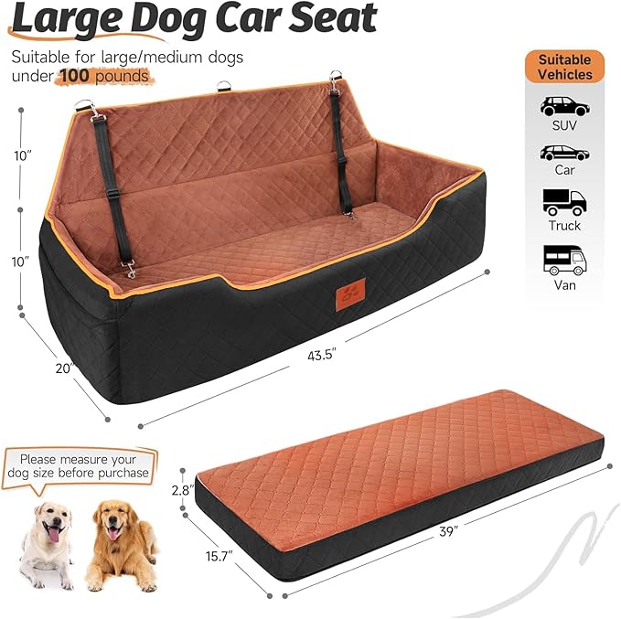 Large Dog Car Seat for Dods Under 100 Lbs, Memory Foam Dog Car Bed for Backseat & Trunk, Detachable and Washable Cover, Pet Travel Seat with Storage Pockets,2 Safety Belts