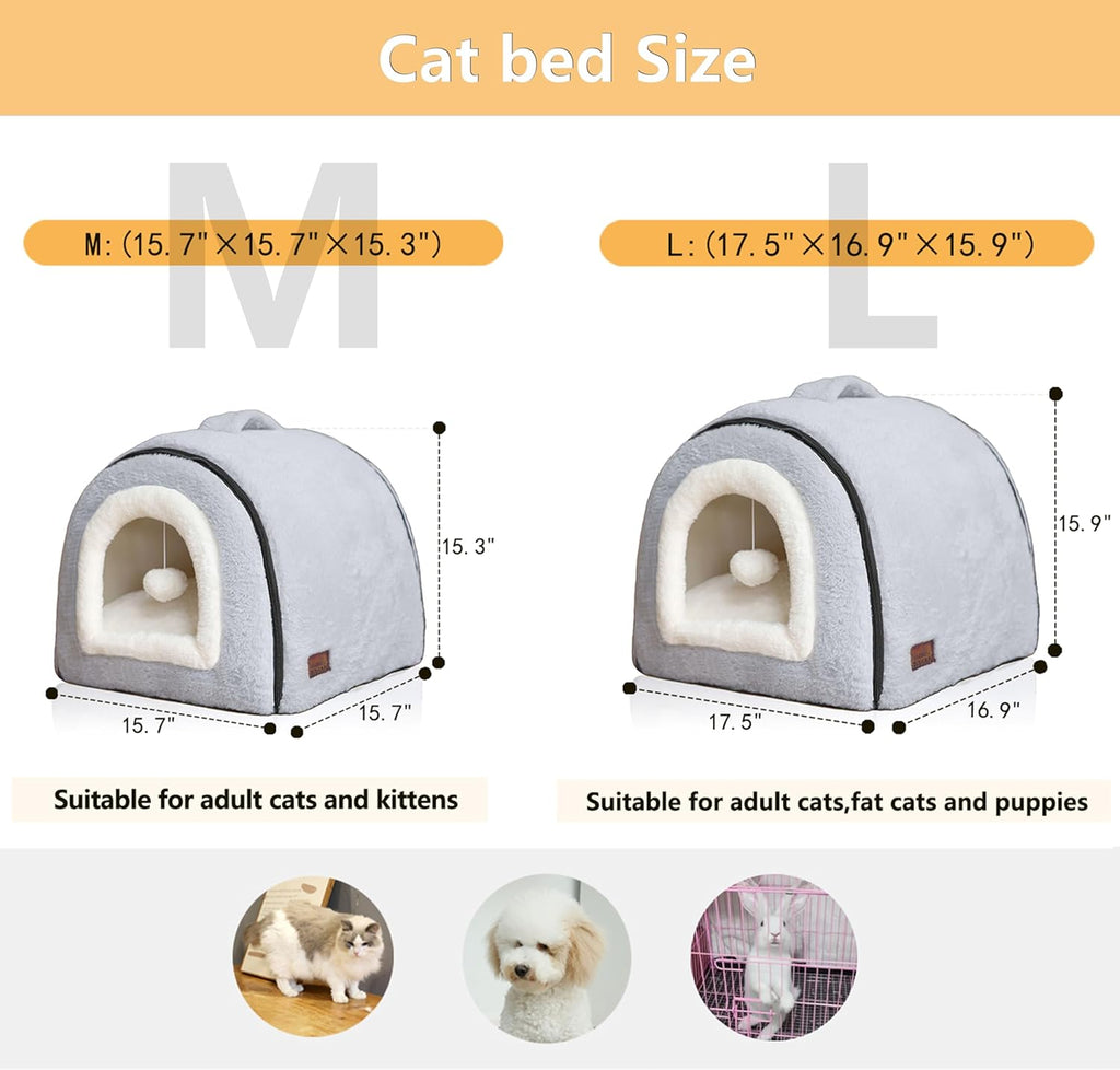Cat Bed for Indoor Cats，Foldable cat cave，Anti-Slip & Water-Resistant Bottom，cat Houses for Indoor Cats or Small Dogs, Kitten Tent, Rabbit Bed，2 in 1 pet Bed (Grey)