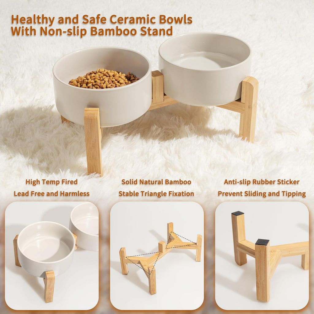Elevated Ceramic Dog Bowl Set - Raised Dog Bowls with Non-Slip Bamboo Stand - Dog Food and Water Bowl Set - Double Dog Feeding Bowls - Suitable for Small and Medium Dogs - 28.74 OZ - 3.6 CUPS - 850 ML