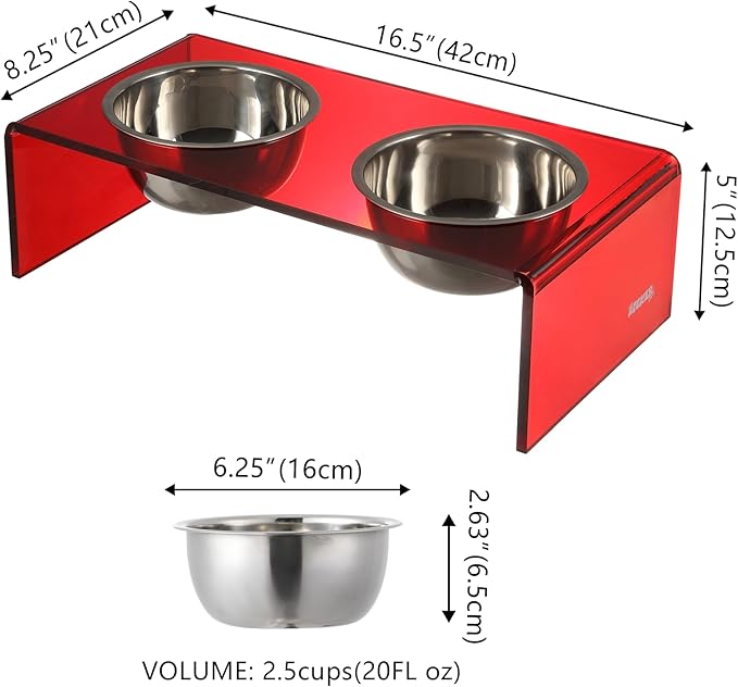 The LICKER Store DBL2000H Keaton 5" Small/Medium Modern Acrylic Rectangular Elevated Pet Feeder with 20oz 2-Stainless Steel Bowls, Red/Chrome