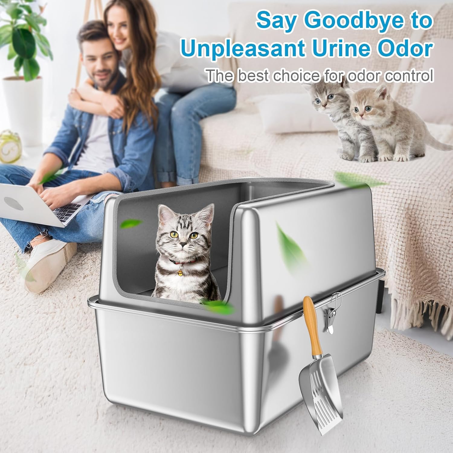 16'' High Sides XXXL All Stainless Steel Cat Litter Box with Lid,8'' Deep Metal Litter Box for Big Cats,Extra Large Litter Boxes with High Wall Enclosure,Anti-Leakage,Never Absorbs Odors,Non-Sticky