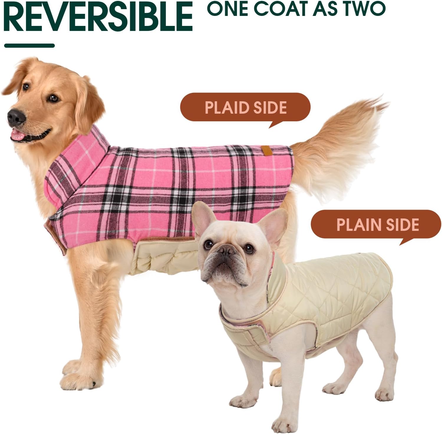 Kuoser Warm Dog Coat, Waterproof Dog Jacket for Extra Large Dogs, Adjustable Durable XXL Doggie Winter Coat Reversible Puppy Cold Weather Apparel from Small to Large Breed, Pink XXL