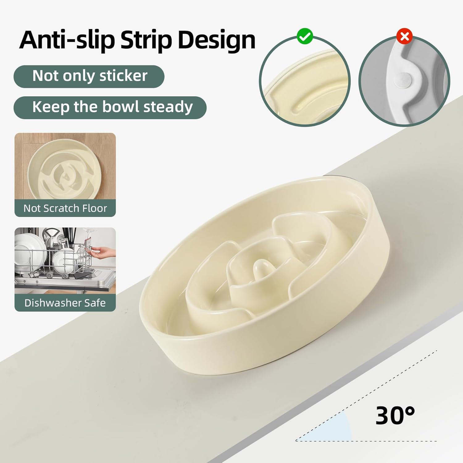 Ceramic Raised Slow Feeder Dog Bowl Set, Elevated 7.3inch Bowl and 8.2inch Puzzle Slow Dish with Wooden Stand for Medium and Large Dog, Anti-Gulping (2X Beige+ Stand)