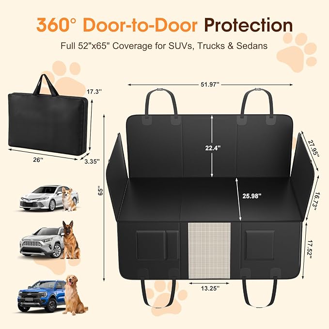 Dog Car Seat Cover for Back Seat, 52"x65" Waterproof Hard-Bottom Hammock with Side Flaps, Heavy-Duty 450lbs, Non-Slip & Scratch-Proof PU Leather Protector for SUV, Truck & Sedan Gray