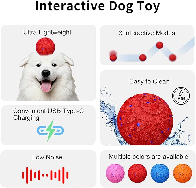 Interactive Dog Toys Dog Ball, Durable Motion Pet Toys for/Small/Medium/Large Dogs, Christmas Birthday Gifts, Automatic Moving, Bouncing and Rotating, E-TPU Material, IP54 Waterproof (Red)