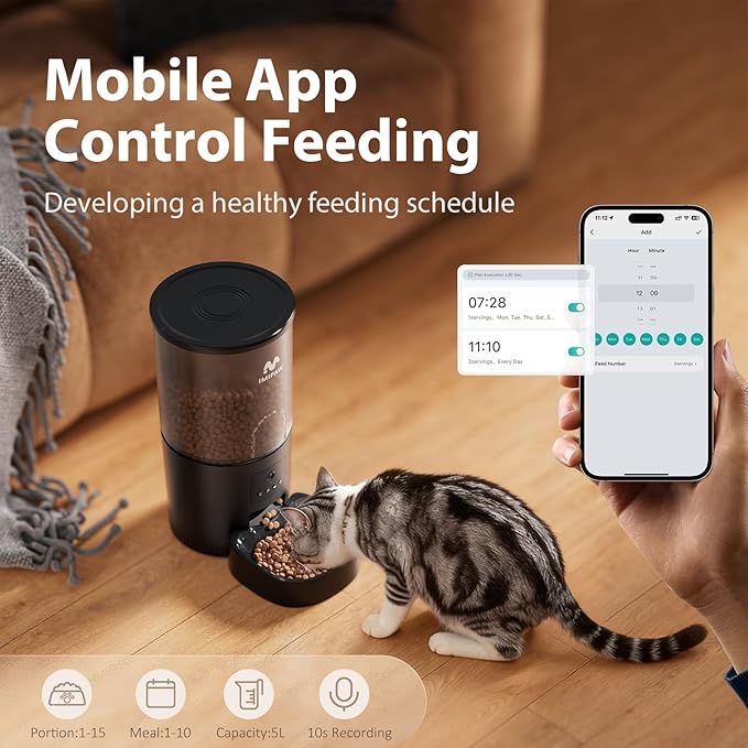 IMIPAW 5L Automatic Cat Feeder with Camera, 1080P HD AI Pet Recognition Recording, 5G WiFi APP Remote Control, Timed Programmable Food Dispenser, Two-Way Audio, Night Vision Function with Desiccant