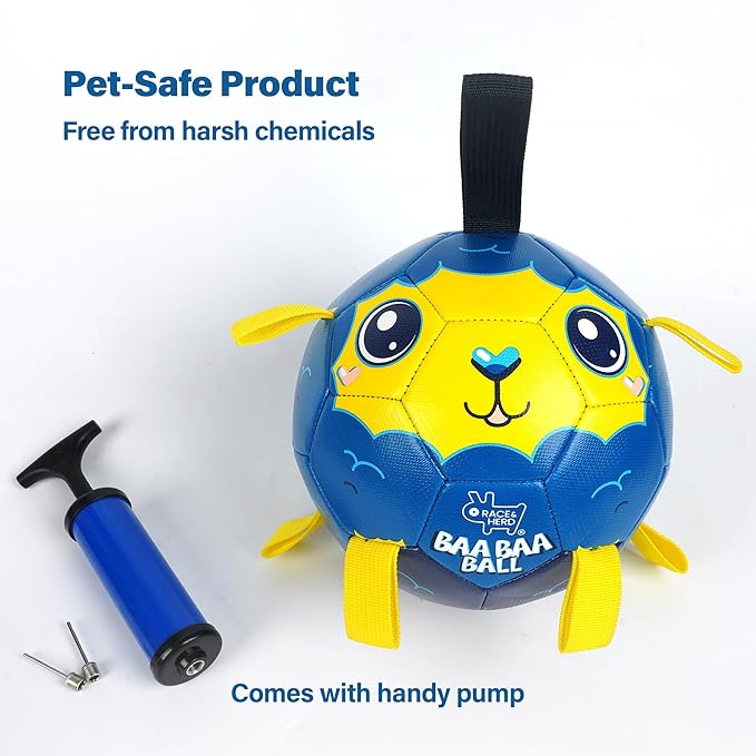 Race&Herd 9" Jolly Soccer Ball for Dogs - Tough Durable Dog Ball Toy with Straps, Pet Bouncy Herding Balls for Dogs, Floating Dog Balls with Tags for Water Fetch, BaaBaaBall (Blue)