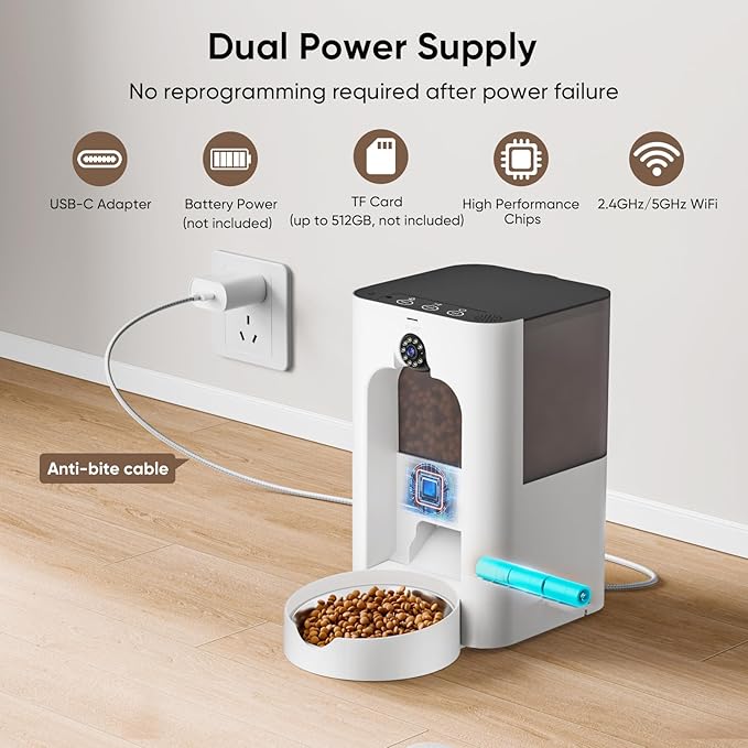 Automatic Cat Feeder with 2K Camera, Laser Tease Pet, 2.4 & 5GHz WiF Pet Feeder for Cat & Dog, Schedule Feeding Pet Food Dispenser w/Camera Rotates Up and Down, Night Vision, 2-Way Audio, 4L