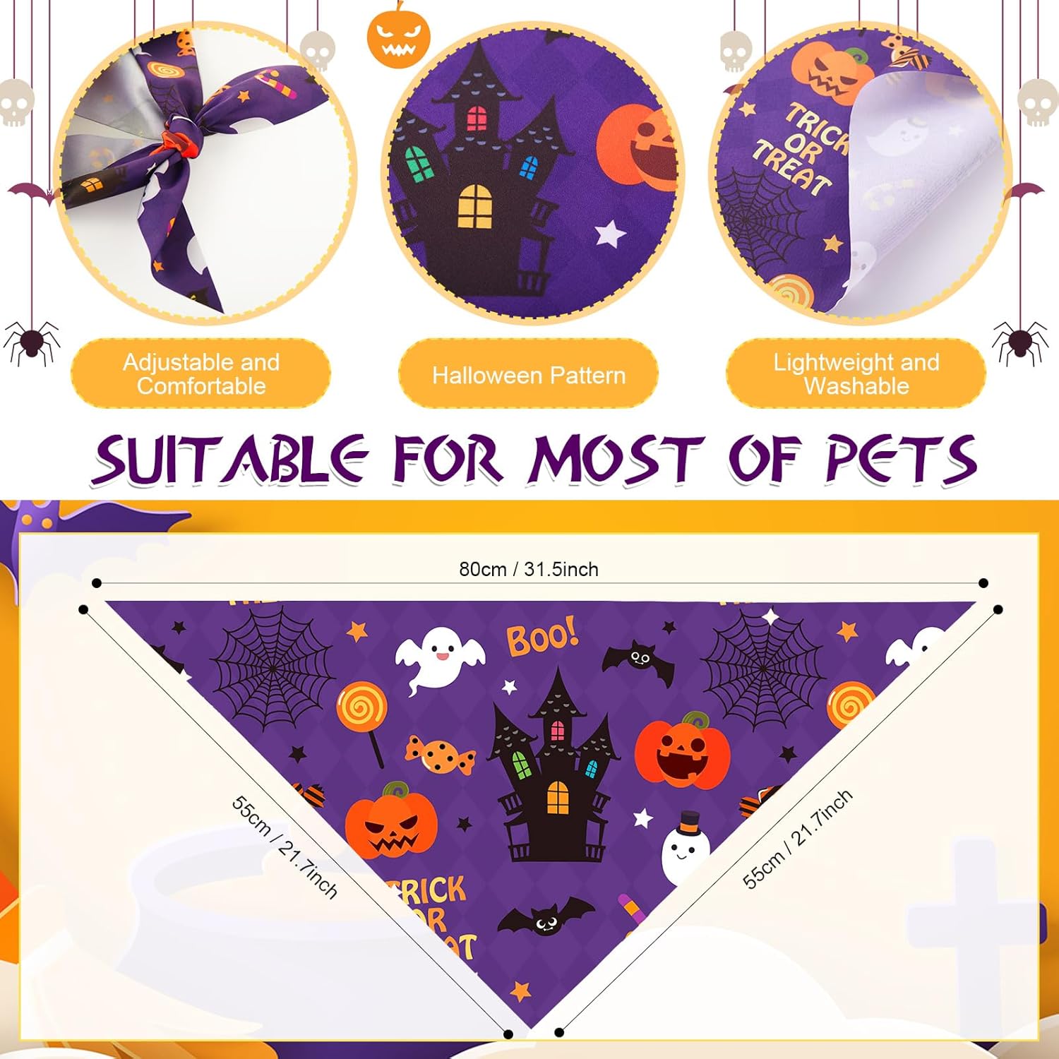 Abbylike 50 Pcs Halloween Dog Bandanas Bulk Pumpkin Bandanas for Dogs Triangle Kerchief Bibs Scarf Set for Pet Halloween Costume Photo Props Accessories Pet Shops, 25 Styles (31.5 x 21.7 x 21.7")