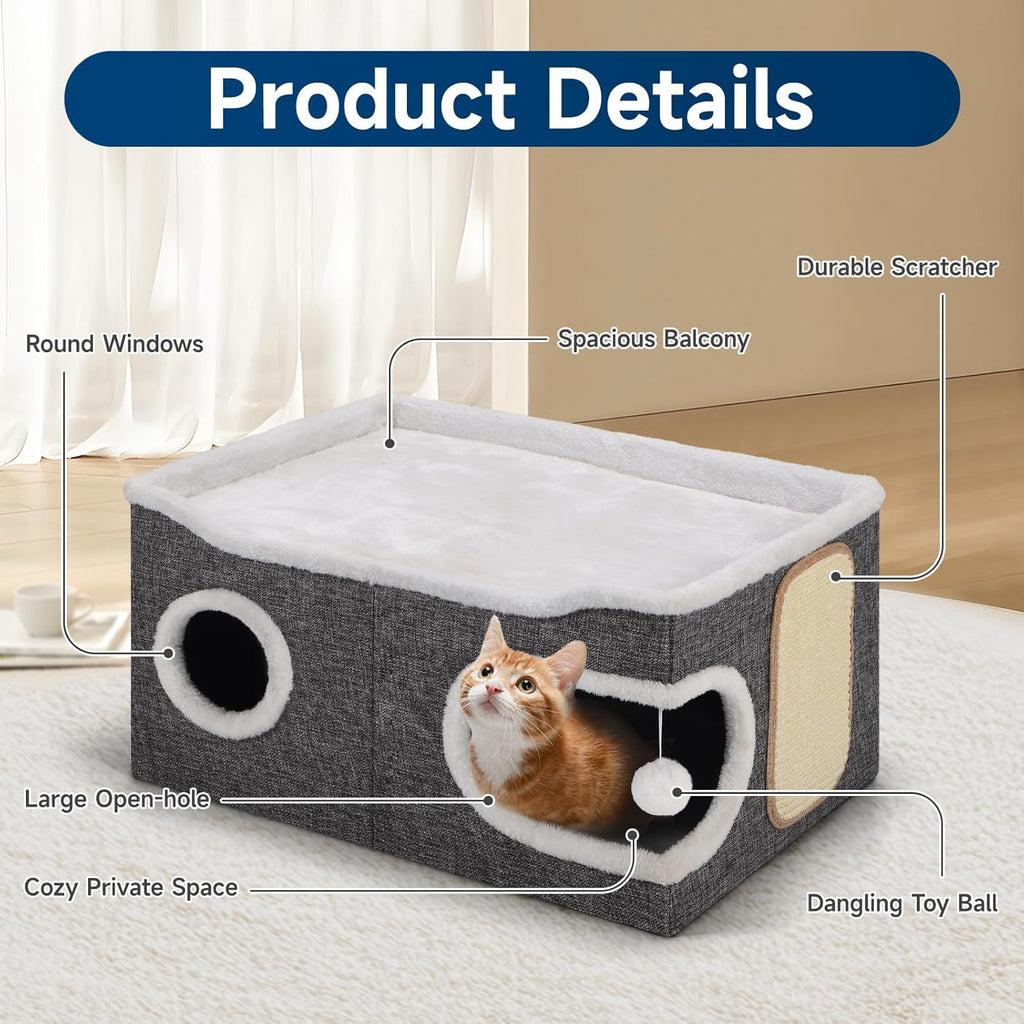 Cat Beds for Indoor Cats, Extra Wide Cat Cube House for Multi Cats, Foldable Cat Cave Hideaway with Arc-Edge Design & Oval Door, Double-Side Soft Cushion for All Seasons, 24"L x 17.7"D x 12.6"H, Grey