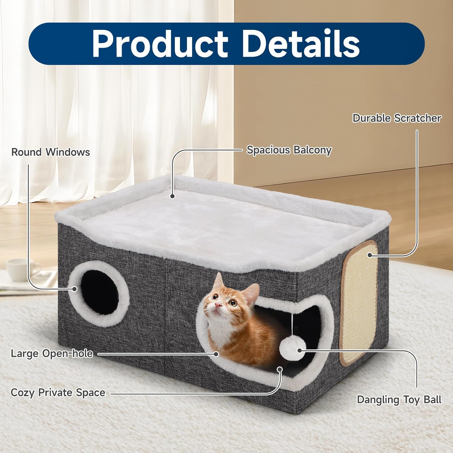 Cat Beds for Indoor Cats, Extra Wide Cat Cube House for Multi Cats, Foldable Cat Cave Hideaway with Arc-Edge Design & Oval Door, Double-Side Soft Cushion for All Seasons, 24"L x 17.7"D x 12.6"H, Grey