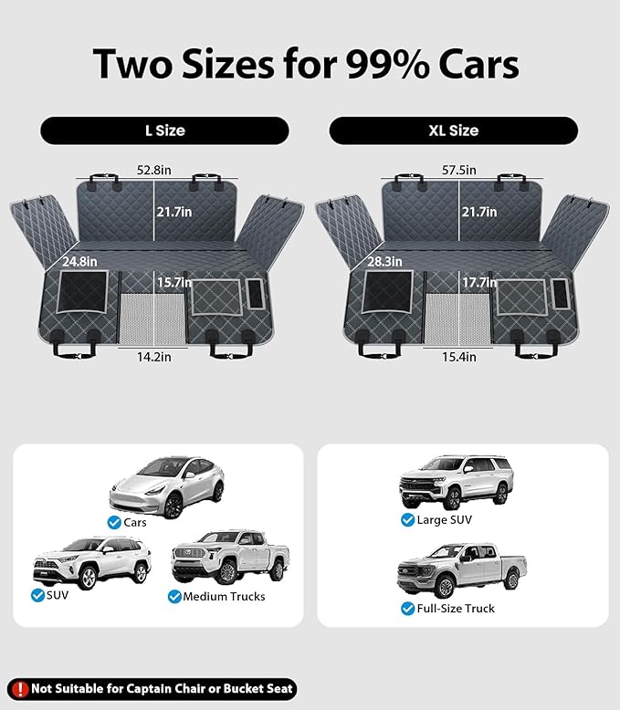 PetGenie Dog Car Seat Cover for Back Seat 10-Layer Military-Grade Protection, Hard Bottom Dog Hammock, Pet Bed Extender for Dogs, Waterproof Seat Protector Universal L Size Fits for SUV Medium Truck