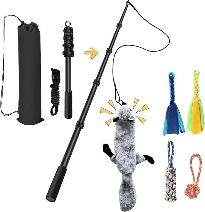 Flirt Pole for Dogs - Interactive Toys Tug-of-war for Dog, Five-Section Retractable Adjustable Length for Outdoor Exercise & Training