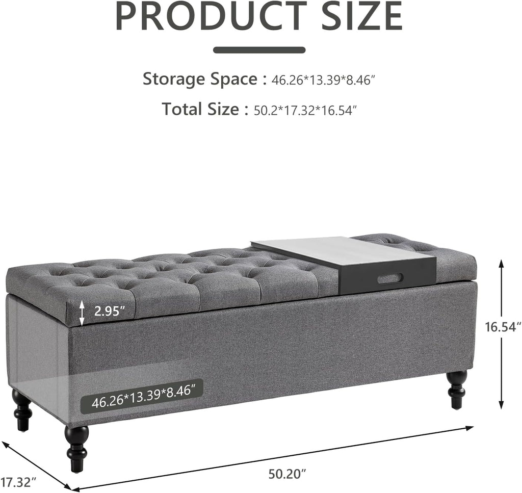 Ottoman with Storage,50.2-inch Upholstered End of Bed Storage Bench for Bedroom,for The Living Room,for Entryway, with Tray & Button and Safety Hinges,Detachable (Grey)
