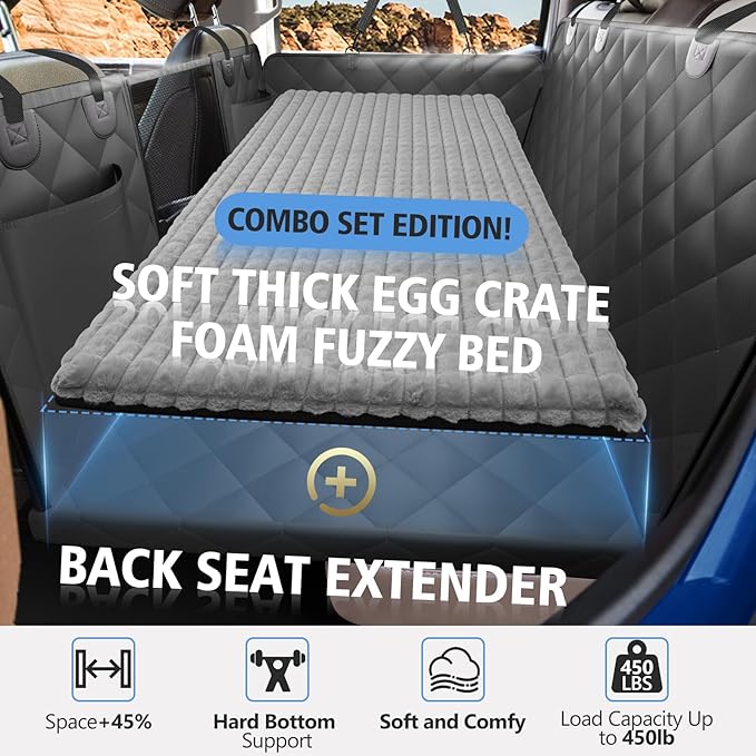 Truck Back Seat Extender for Dogs with Thick Egg Crate Foam Fuzzy Blanket Bed Mat, Soft Pet Car Seat Covers, Sturdy Backseat Trucks Dog Bed for Travel, Waterproof Dog Hammock for Truck Crew Cab