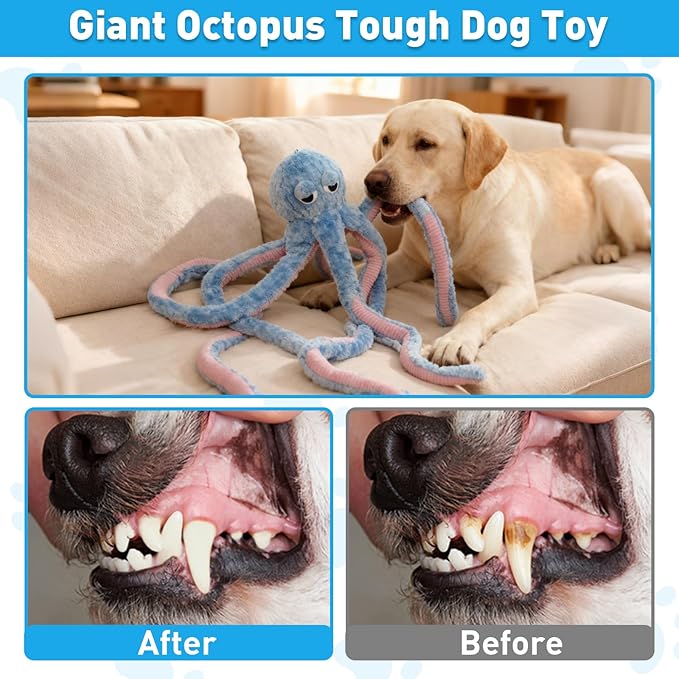 1M Long Giant Octopus Tough Dog Toy - Squeaky Interactive Tug of War Chew Toy, Boredom Buster for Medium & Large Dogs (Pink)