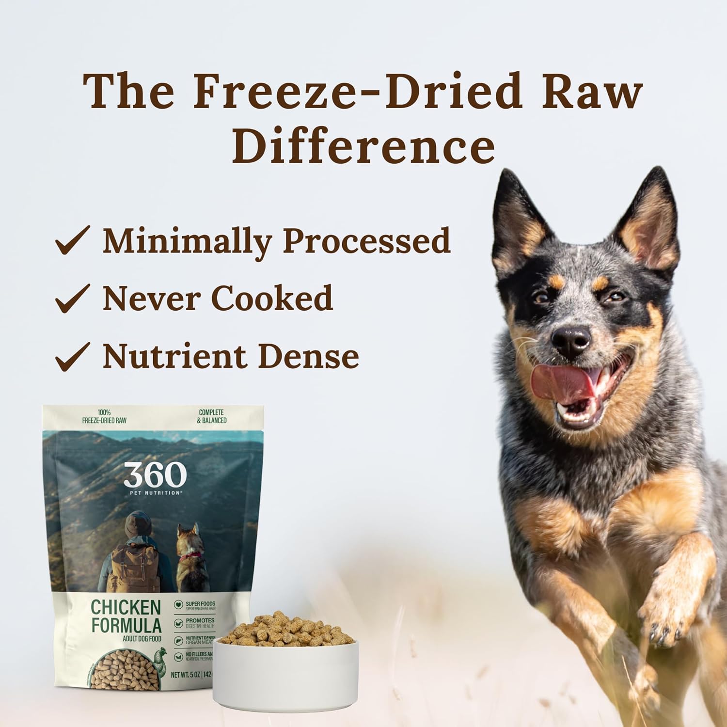 360 Pet Nutrition Freeze-Dried Raw Dog Food – Chicken Recipe with Liver & Organs, High Protein, Omega-3s, Fruits, Veggies & Superfoods, Grain-Free, No Fillers, 5 oz – Made in USA
