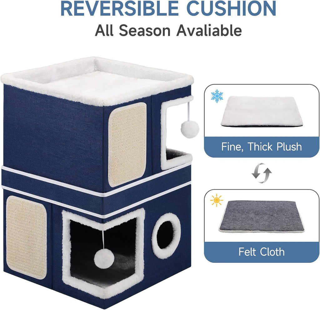2-Storey Cat House for Indoor Cats, Large Double Cat Bed Cave with Hideaway Condos, Scratch Pads, Hanging Balls, Foldable Indoor Cat House Hold Up to 30LBS, Cat Cube for Multiple Cats Kitten, Blue