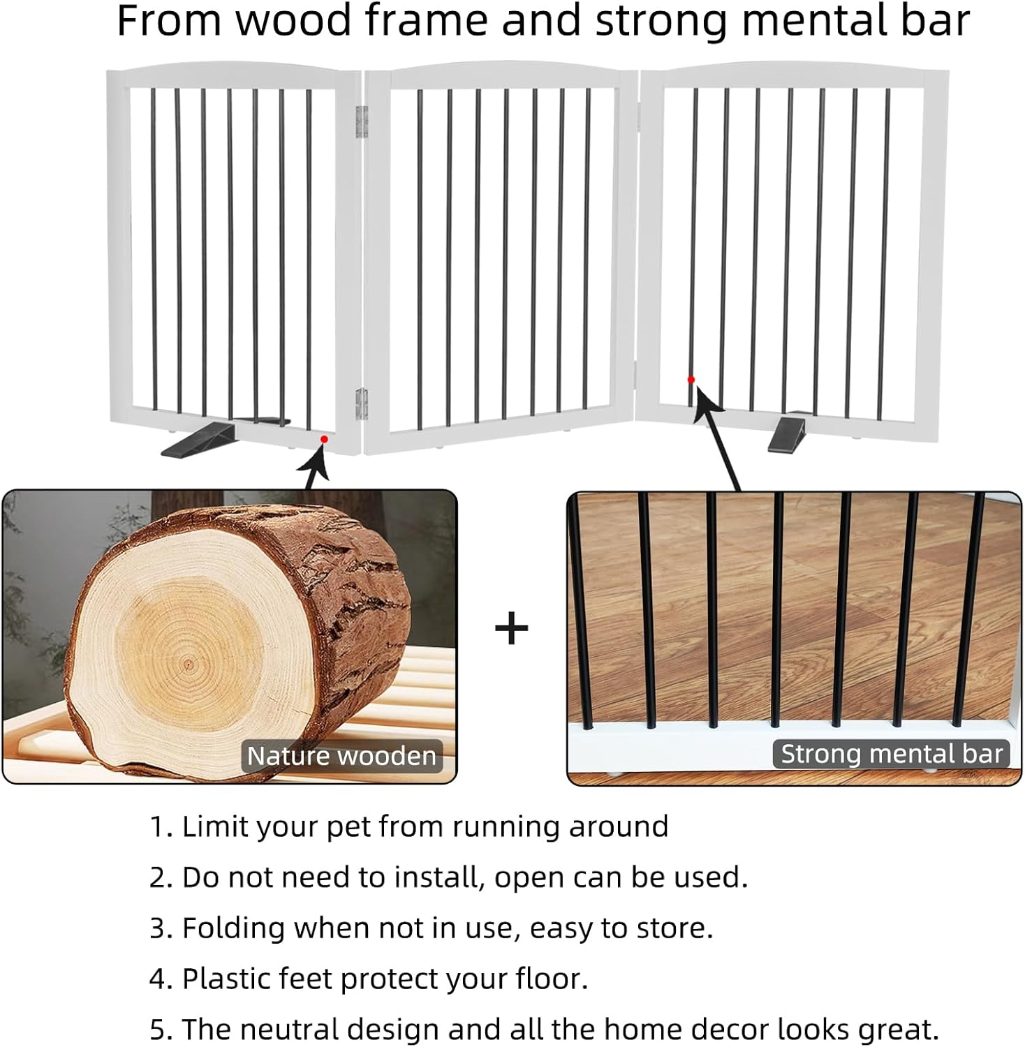 Freestanding Panel Dog Gate for Indoor Doorways, Stairs, or Hallways - Foldable Wooden Pet Gate, 24" Height - 3 Panels, White