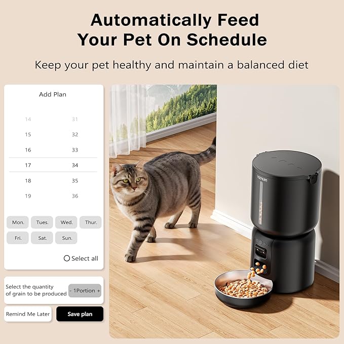 Automatic Cat Feeder with Camera, 4L Automatic Pet Feeder, Dual Power Supply, Programmable Cat Food Dispenser with 2MP Night Vision & Two-Way Audio for Cats and Small Dogs, Black